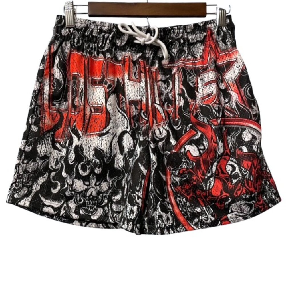 NWOT Men's Lost Hills Printed Flame Mesh Shorts Size Small Black Red White
